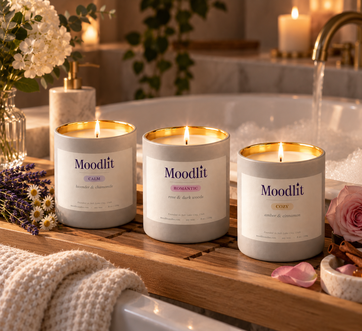 Three Moodlit candles in white glass jars with gold rims are arranged on a wooden bath tray beside a bathtub in a warm, spa-like bathroom setting with candles, flowers, and running water.