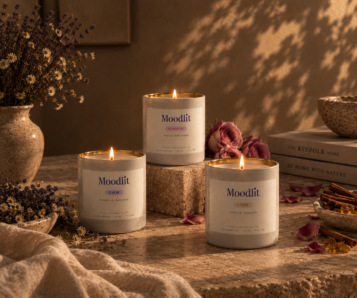 Three Moodlit candles in white metal jars with gold rims are arranged on a stone surface in a warm, styled setting with dried flowers, books, cinnamon sticks, and soft shadows.