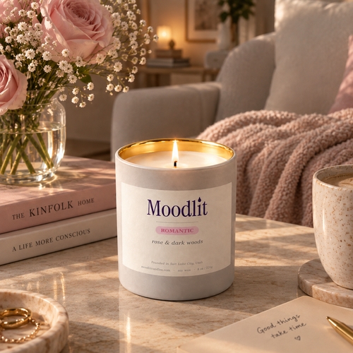 A lit Moodlit 'Romantic' scented candle in a white jar with a gold rim sits on a marble table in a cozy living room setting, surrounded by books, a vase of pink roses, a knit blanket, and a ceramic mug.